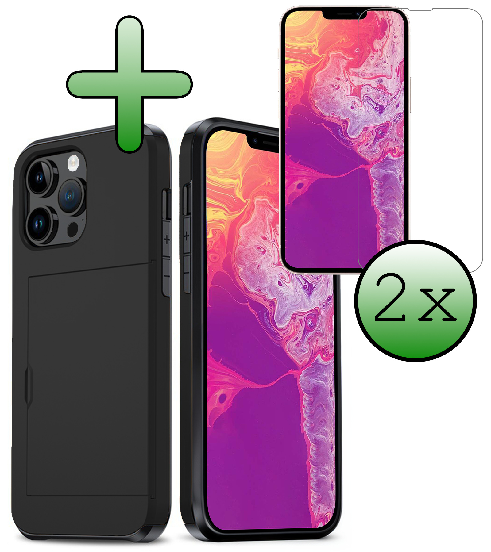 BASEY. Hoes Geschikt voor iPhone 14 Pro Hoesje Hard Case Met Pas Houder Met 2x Screenprotector - Hoesje Geschikt voor iPhone 14 Pro Hoes Shockproof Hard Cover Met Kaarthouder - Zwart