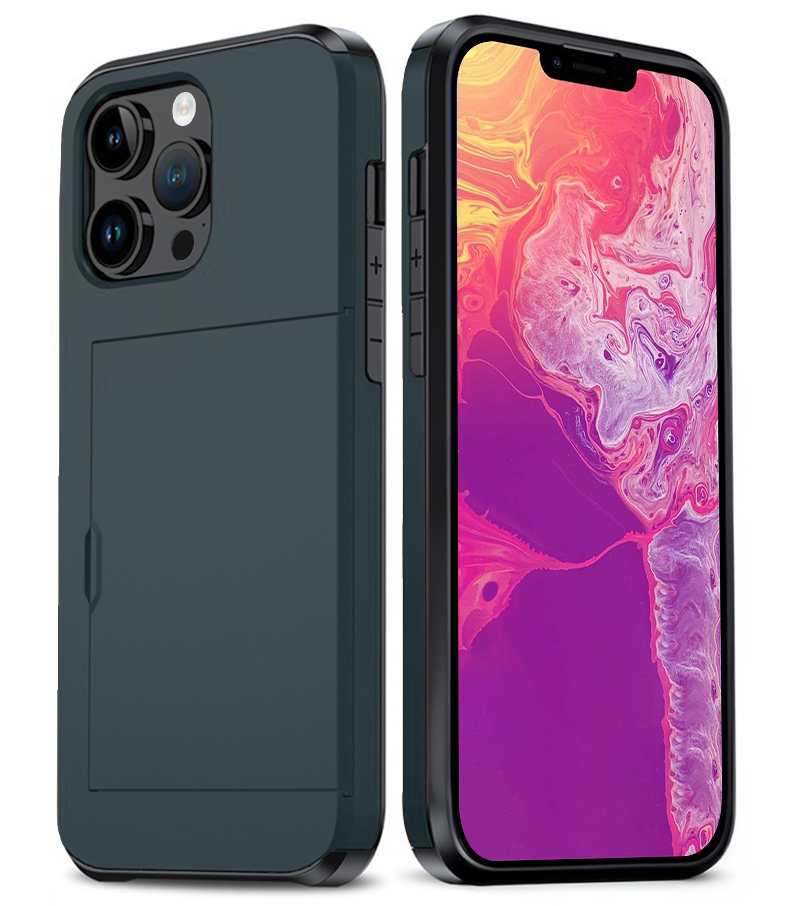 BASEY. Hoes Geschikt voor iPhone 14 Pro Max Hoesje Hard Case Met Pas Houder - Hoesje Geschikt voor iPhone 14 Pro Max Hoes Shockproof Hard Cover Met Kaarthouder - Donker Blauw