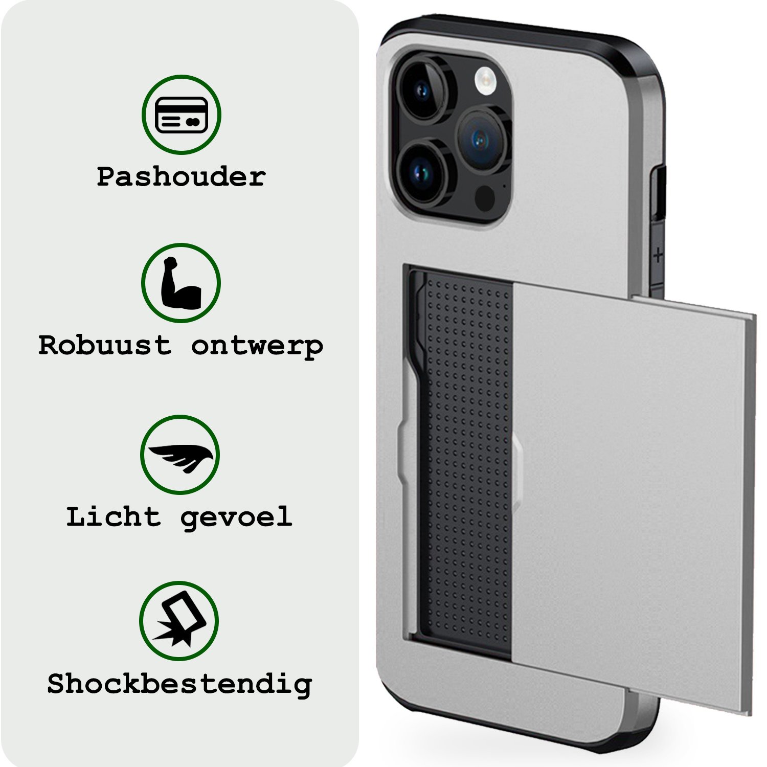 BASEY. Hoes Geschikt voor iPhone 14 Pro Max Hoesje Hard Case Met Pas Houder - Hoesje Geschikt voor iPhone 14 Pro Max Hoes Shockproof Hard Cover Met Kaarthouder - Grijs
