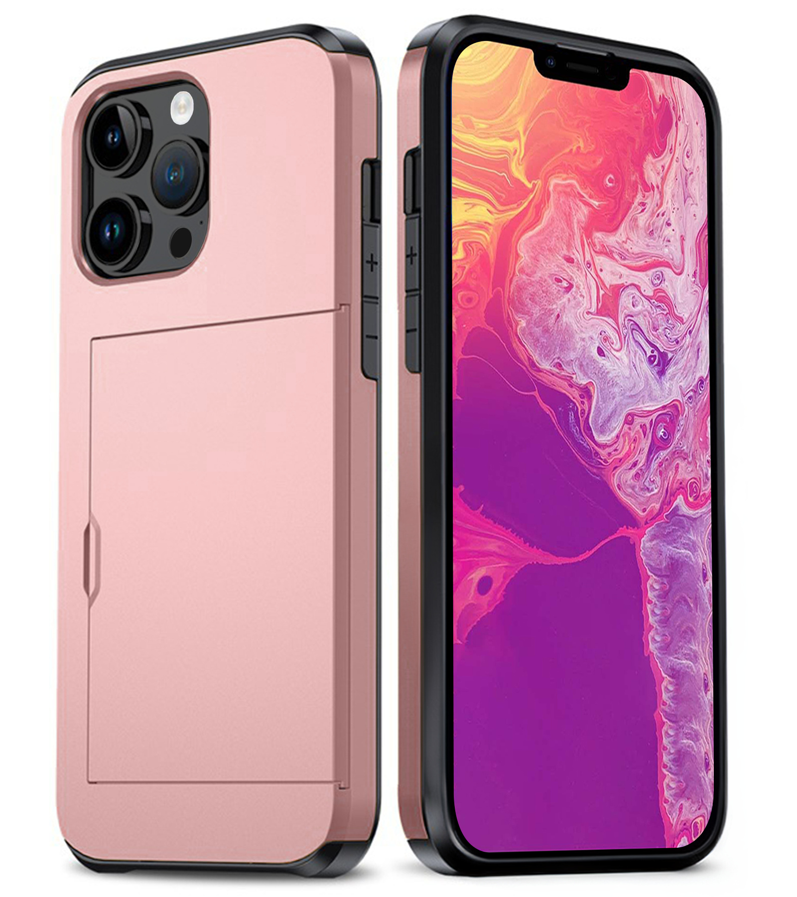 BASEY. Hoes Geschikt voor iPhone 14 Pro Max Hoesje Hard Case Met Pas Houder - Hoesje Geschikt voor iPhone 14 Pro Max Hoes Shockproof Hard Cover Met Kaarthouder - Rosé Goud