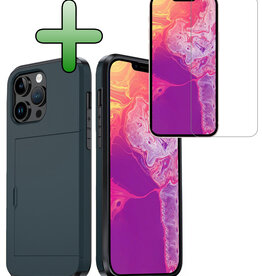 BASEY. BASEY. iPhone 14 Pro Max Hoesje Pashouder Hard Met Screenprotector - Donker Blauw