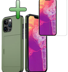 BASEY. BASEY. iPhone 14 Pro Max Hoesje Pashouder Hard Met Screenprotector - Donker Groen