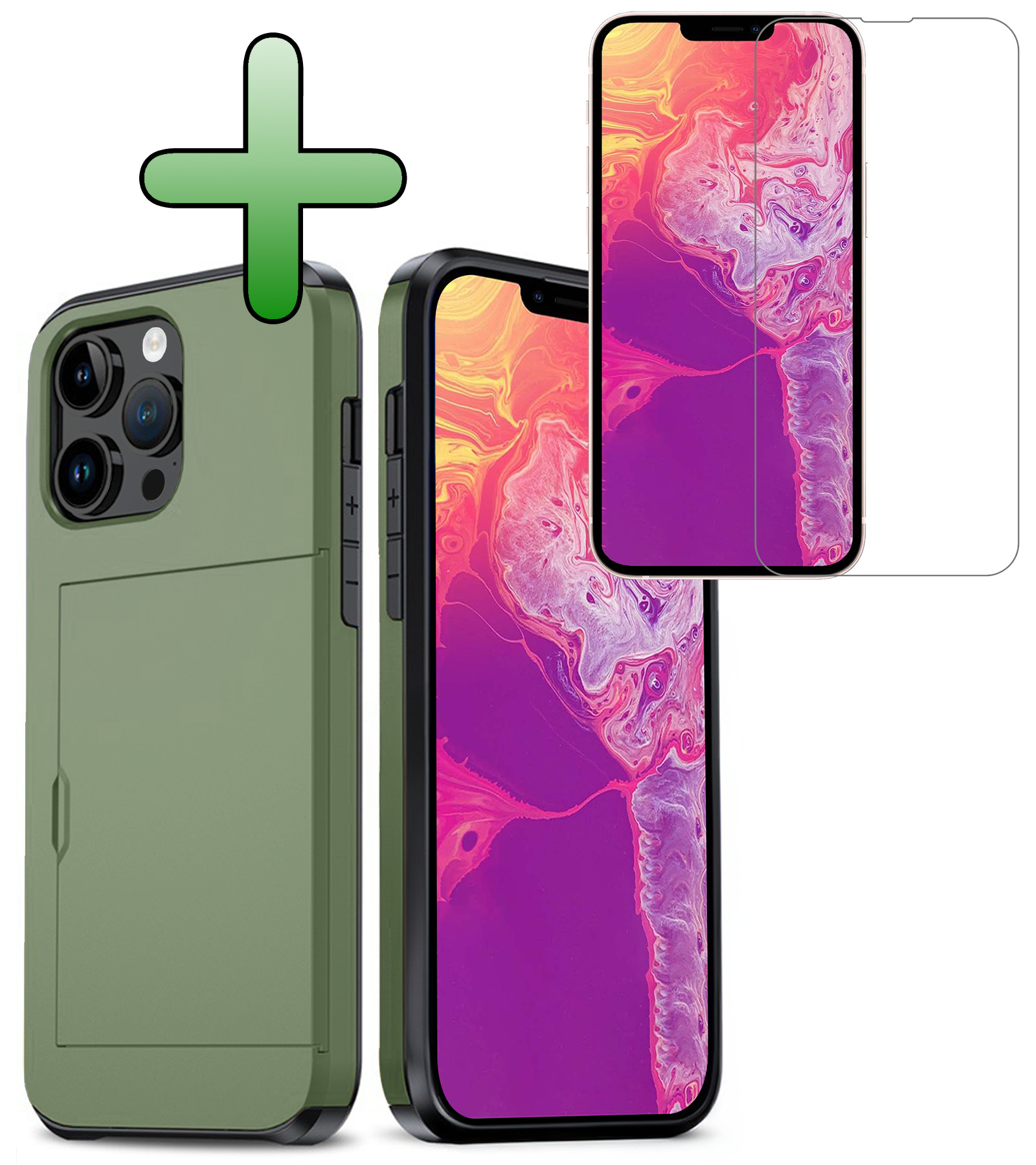BASEY. Hoes Geschikt voor iPhone 14 Pro Max Hoesje Hard Case Met Pas Houder Met Screenprotector - Hoesje Geschikt voor iPhone 14 Pro Max Hoes Shockproof Hard Cover Met Kaarthouder - Donker Groen