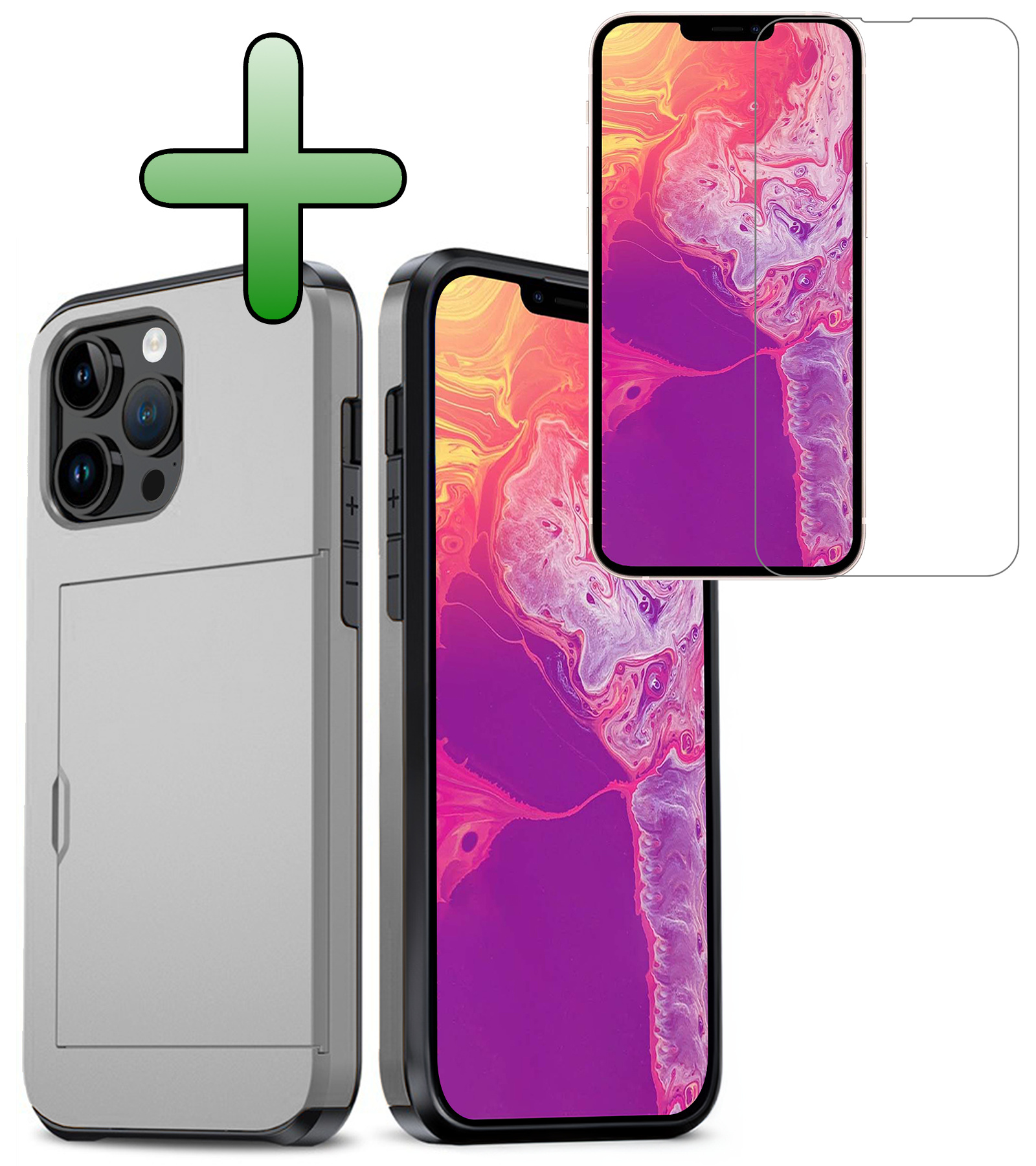BASEY. Hoes Geschikt voor iPhone 14 Pro Max Hoesje Hard Case Met Pas Houder Met Screenprotector - Hoesje Geschikt voor iPhone 14 Pro Max Hoes Shockproof Hard Cover Met Kaarthouder - Grijs