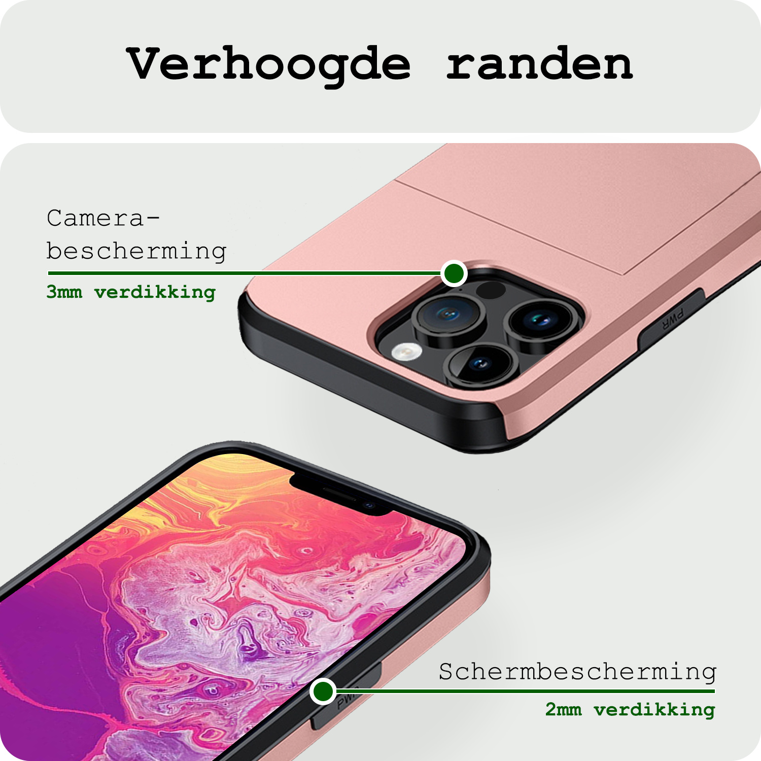 BASEY. Hoes Geschikt voor iPhone 14 Pro Max Hoesje Hard Case Met Pas Houder Met Screenprotector - Hoesje Geschikt voor iPhone 14 Pro Max Hoes Shockproof Hard Cover Met Kaarthouder - Rosé Goud