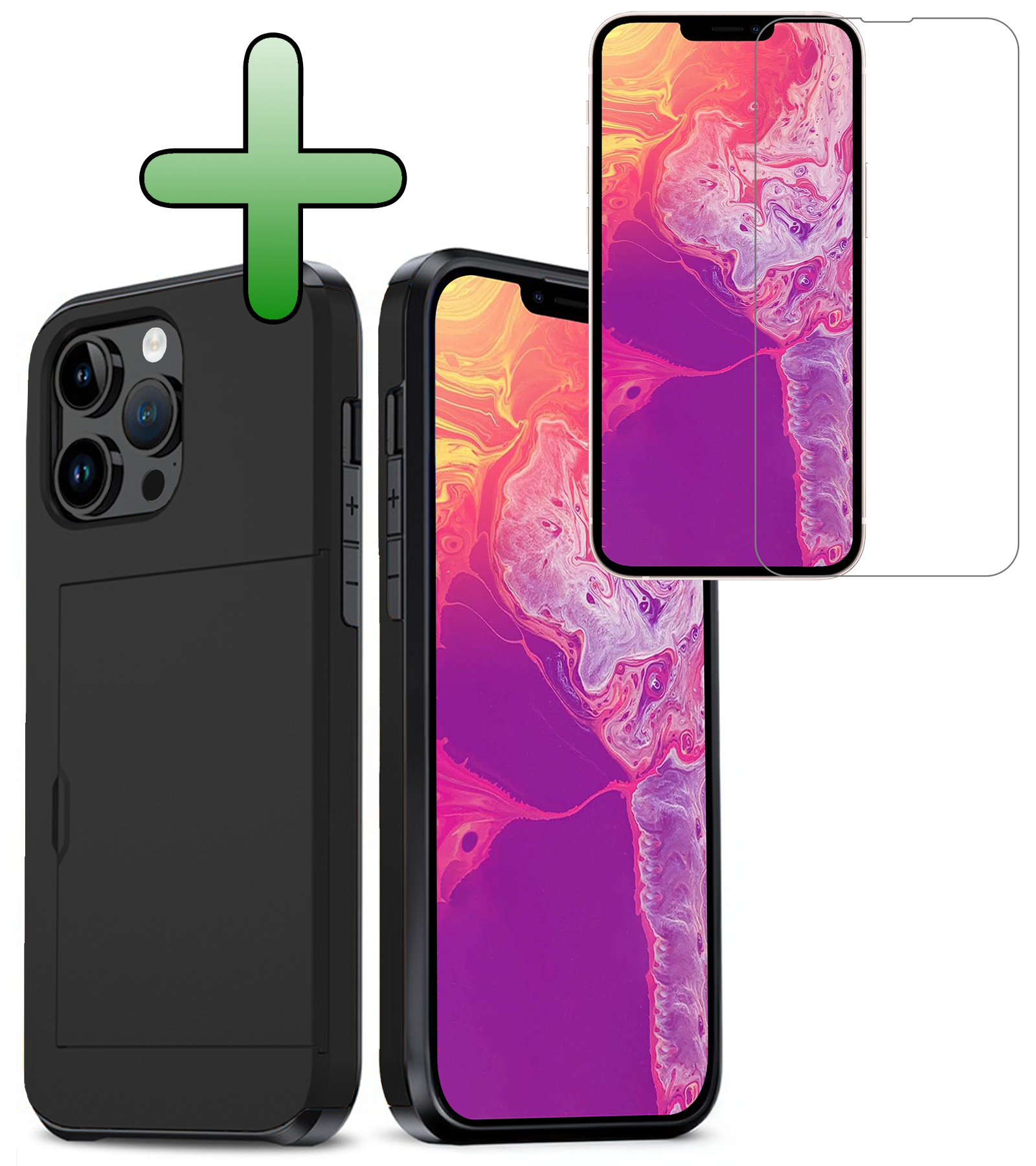 BASEY. Hoes Geschikt voor iPhone 14 Pro Max Hoesje Hard Case Met Pas Houder Met Screenprotector - Hoesje Geschikt voor iPhone 14 Pro Max Hoes Shockproof Hard Cover Met Kaarthouder - Zwart