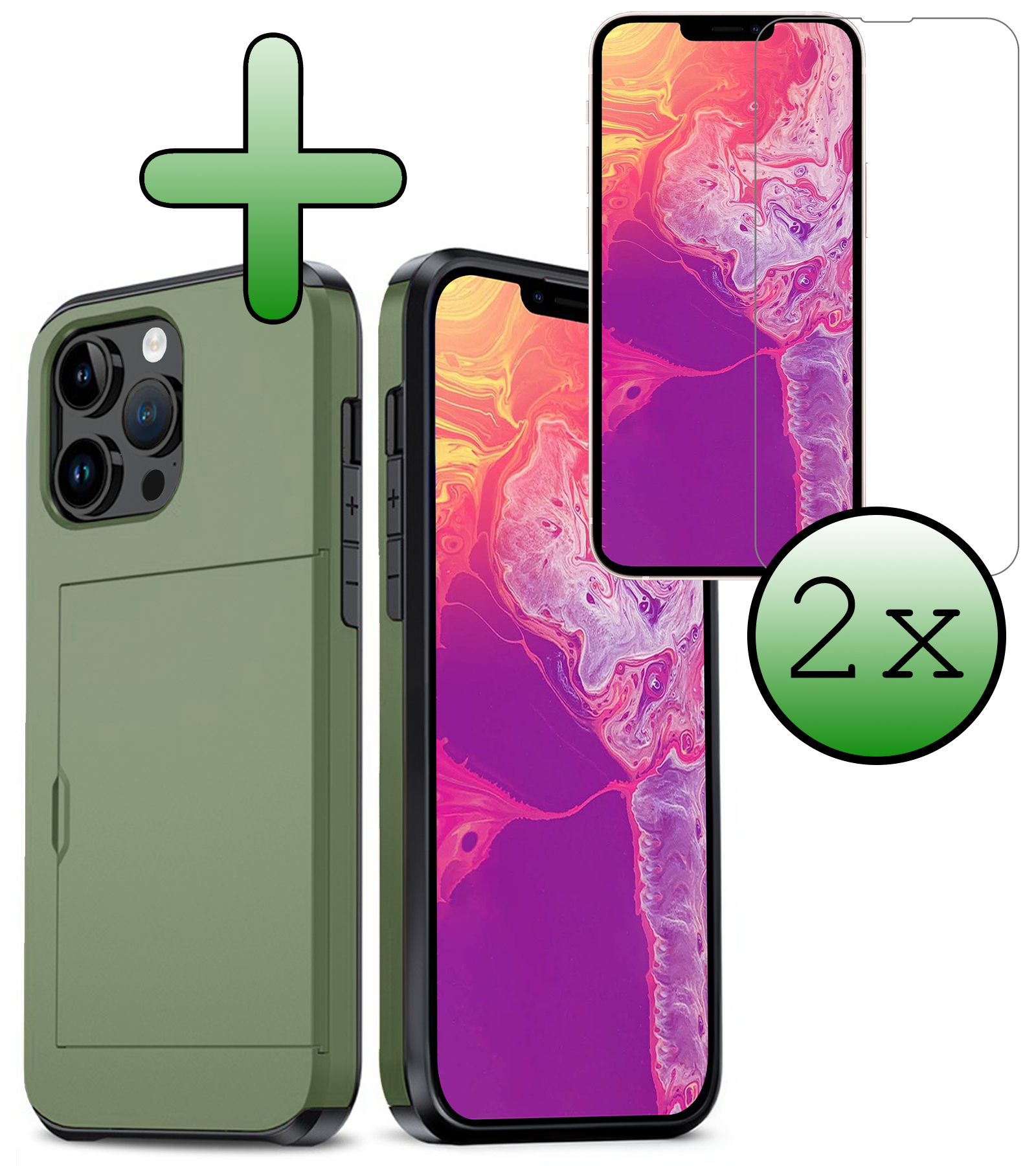 BASEY. Hoes Geschikt voor iPhone 14 Pro Max Hoesje Hard Case Met Pas Houder Met 2x Screenprotector - Hoesje Geschikt voor iPhone 14 Pro Max Hoes Shockproof Hard Cover Met Kaarthouder - Donker Groen
