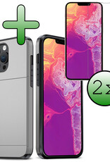 BASEY. Hoes Geschikt voor iPhone 14 Pro Max Hoesje Hard Case Met Pas Houder Met 2x Screenprotector - Hoesje Geschikt voor iPhone 14 Pro Max Hoes Shockproof Hard Cover Met Kaarthouder - Grijs
