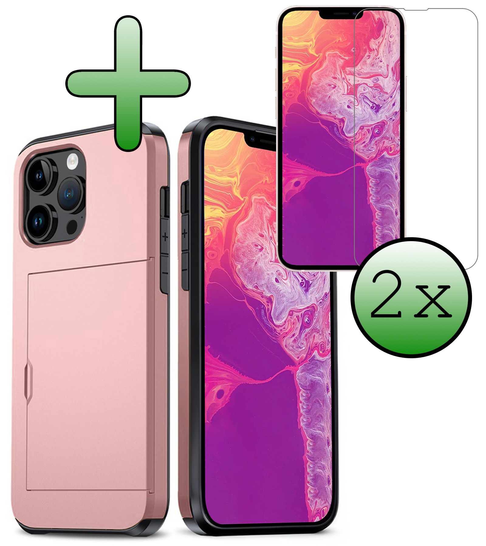 BASEY. Hoes Geschikt voor iPhone 14 Pro Max Hoesje Hard Case Met Pas Houder Met 2x Screenprotector - Hoesje Geschikt voor iPhone 14 Pro Max Hoes Shockproof Hard Cover Met Kaarthouder - Rosé Goud