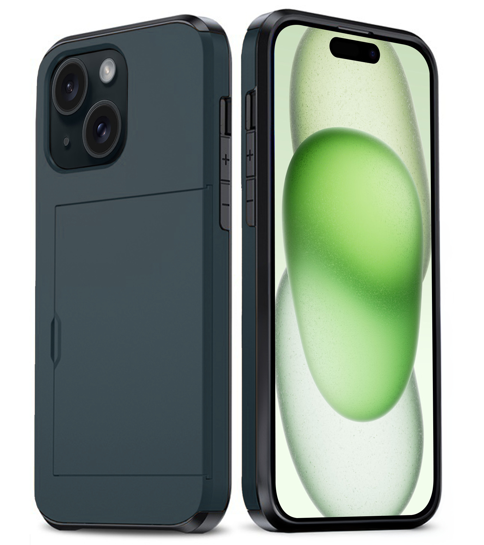 BASEY. Hoes Geschikt voor iPhone 15 Hoesje Hard Case Met Pas Houder - Hoesje Geschikt voor iPhone 15 Hoes Shockproof Hard Cover Met Kaarthouder - Donker Blauw