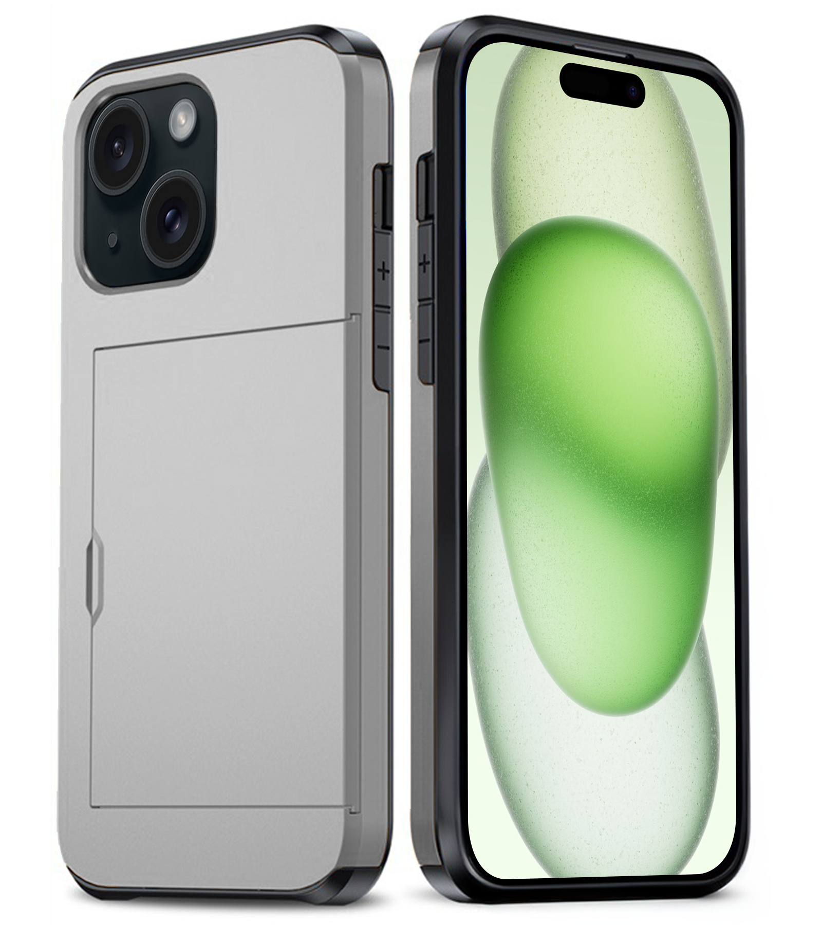 BASEY. Hoes Geschikt voor iPhone 15 Hoesje Hard Case Met Pas Houder - Hoesje Geschikt voor iPhone 15 Hoes Shockproof Hard Cover Met Kaarthouder - Grijs