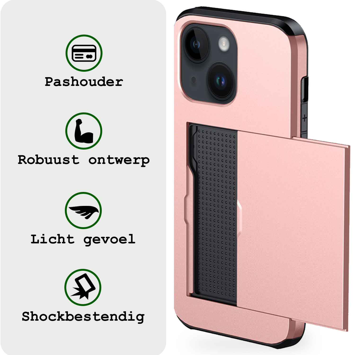 BASEY. Hoes Geschikt voor iPhone 15 Hoesje Hard Case Met Pas Houder - Hoesje Geschikt voor iPhone 15 Hoes Shockproof Hard Cover Met Kaarthouder - Rosé Goud