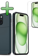 BASEY. Hoes Geschikt voor iPhone 15 Hoesje Hard Case Met Pas Houder Met Screenprotector - Hoesje Geschikt voor iPhone 15 Hoes Shockproof Hard Cover Met Kaarthouder - Donker Blauw