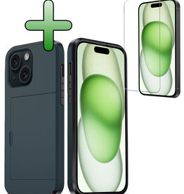 BASEY. BASEY. iPhone 15 Hoesje Pashouder Hard Met Screenprotector - Donker Blauw