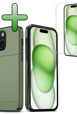 BASEY. Hoes Geschikt voor iPhone 15 Hoesje Hard Case Met Pas Houder Met Screenprotector - Hoesje Geschikt voor iPhone 15 Hoes Shockproof Hard Cover Met Kaarthouder - Donker Groen