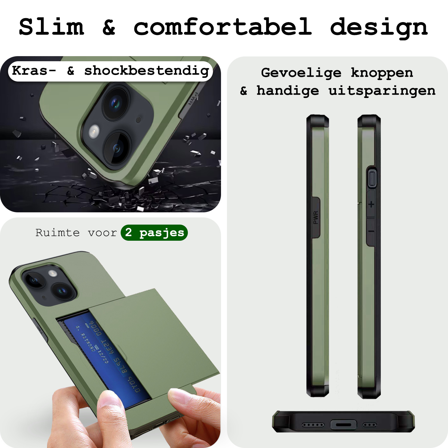 BASEY. Hoes Geschikt voor iPhone 15 Hoesje Hard Case Met Pas Houder Met Screenprotector - Hoesje Geschikt voor iPhone 15 Hoes Shockproof Hard Cover Met Kaarthouder - Donker Groen