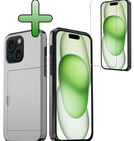BASEY. BASEY. iPhone 15 Hoesje Pashouder Hard Met Screenprotector - Grijs