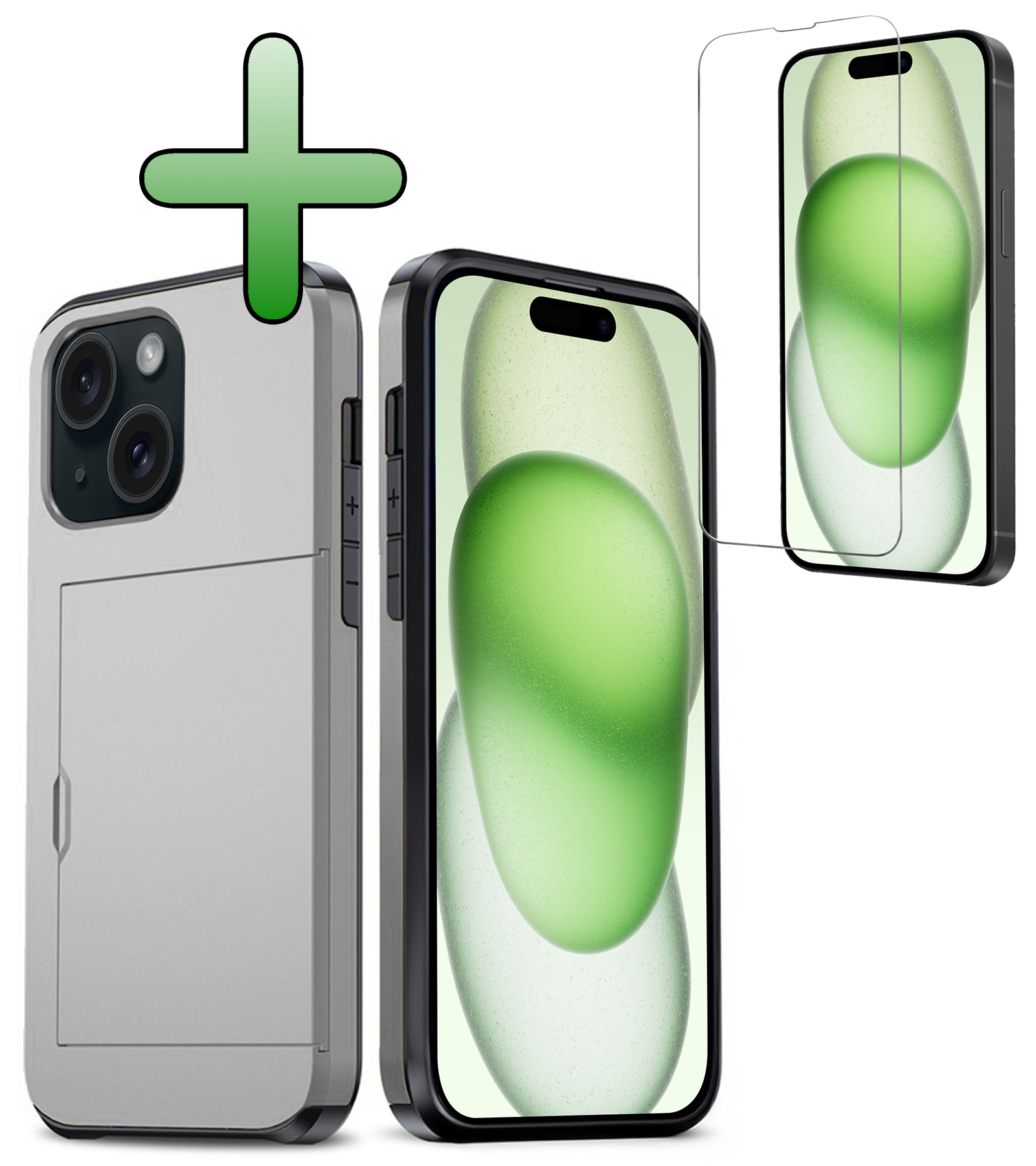 BASEY. Hoes Geschikt voor iPhone 15 Hoesje Hard Case Met Pas Houder Met Screenprotector - Hoesje Geschikt voor iPhone 15 Hoes Shockproof Hard Cover Met Kaarthouder - Grijs