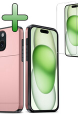 BASEY. Hoes Geschikt voor iPhone 15 Hoesje Hard Case Met Pas Houder Met Screenprotector - Hoesje Geschikt voor iPhone 15 Hoes Shockproof Hard Cover Met Kaarthouder - Rosé Goud