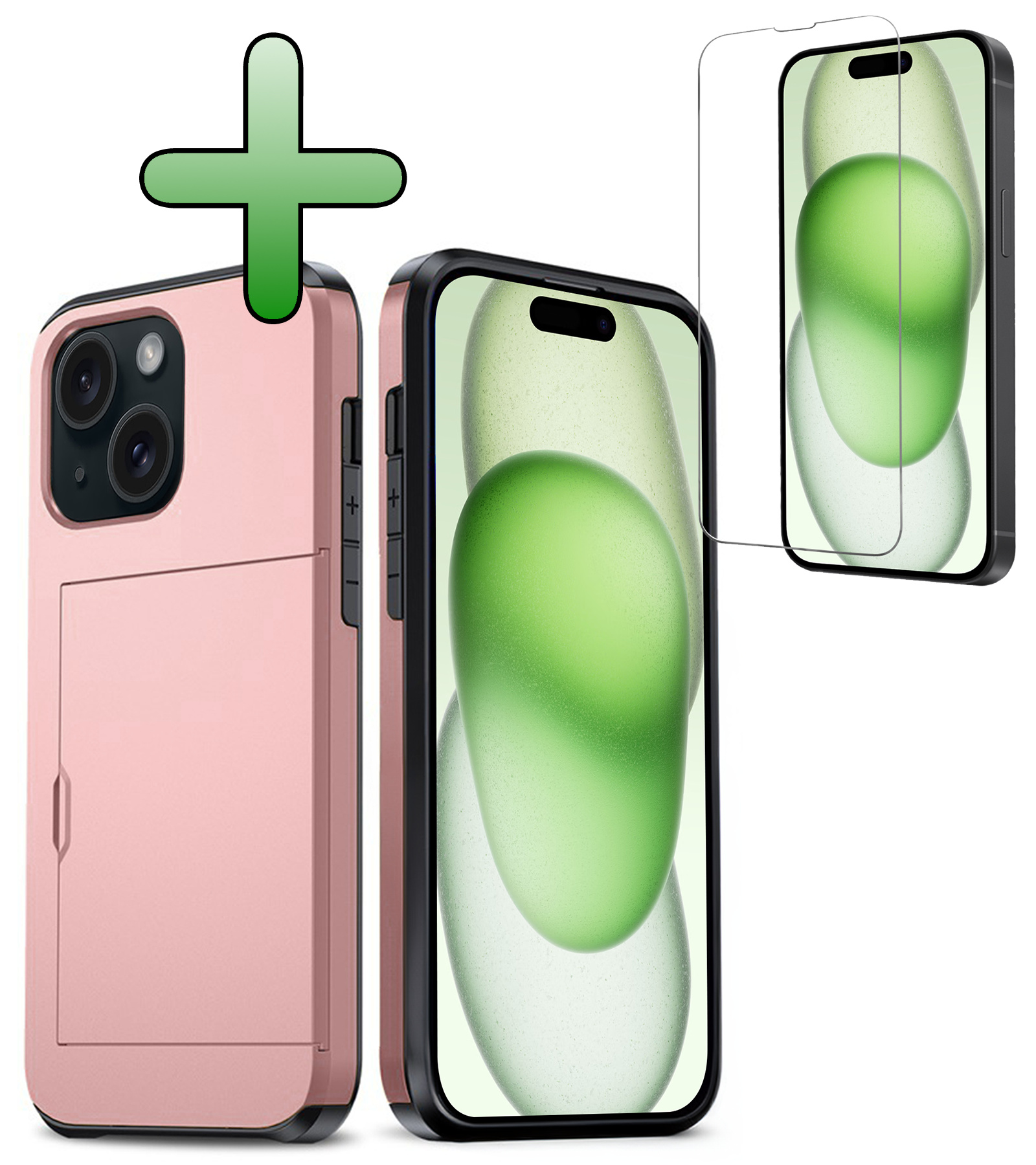 BASEY. Hoes Geschikt voor iPhone 15 Hoesje Hard Case Met Pas Houder Met Screenprotector - Hoesje Geschikt voor iPhone 15 Hoes Shockproof Hard Cover Met Kaarthouder - Rosé Goud