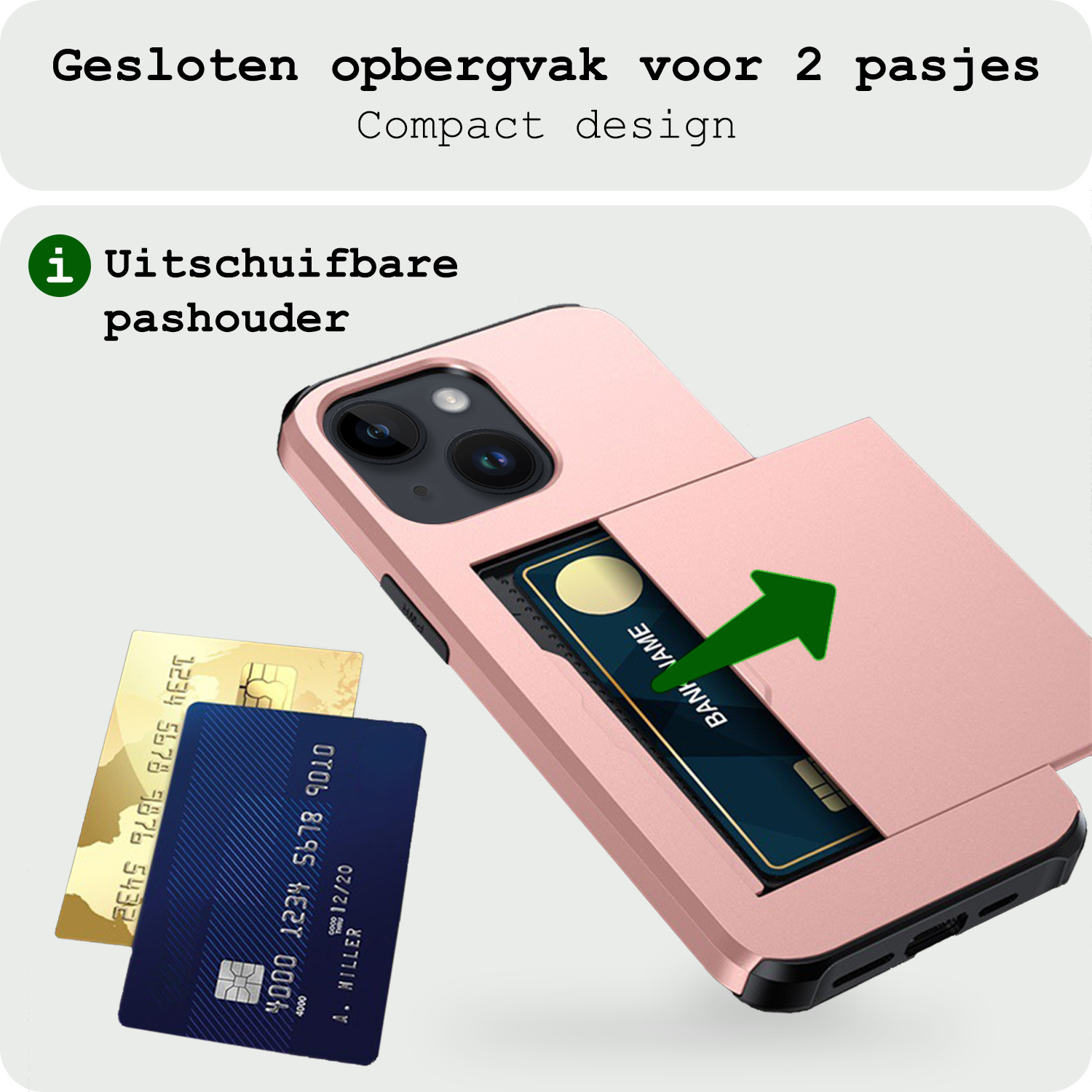 BASEY. Hoes Geschikt voor iPhone 15 Hoesje Hard Case Met Pas Houder Met Screenprotector - Hoesje Geschikt voor iPhone 15 Hoes Shockproof Hard Cover Met Kaarthouder - Rosé Goud