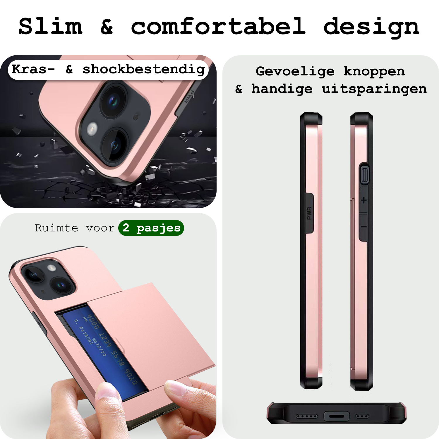 BASEY. Hoes Geschikt voor iPhone 15 Hoesje Hard Case Met Pas Houder Met Screenprotector - Hoesje Geschikt voor iPhone 15 Hoes Shockproof Hard Cover Met Kaarthouder - Rosé Goud