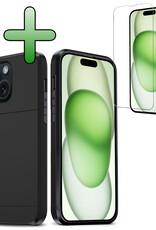 BASEY. Hoes Geschikt voor iPhone 15 Hoesje Hard Case Met Pas Houder Met Screenprotector - Hoesje Geschikt voor iPhone 15 Hoes Shockproof Hard Cover Met Kaarthouder - Zwart