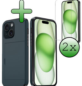 BASEY. BASEY. iPhone 15 Hoesje Pashouder Hard Met 2x Screenprotector - Donker Blauw