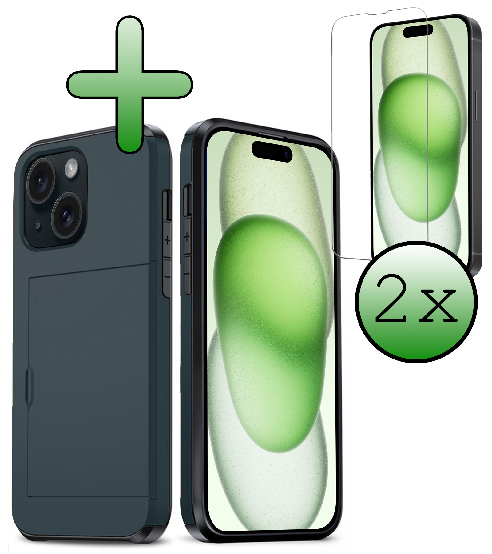 BASEY. Hoes Geschikt voor iPhone 15 Hoesje Hard Case Met Pas Houder Met 2x Screenprotector - Hoesje Geschikt voor iPhone 15 Hoes Shockproof Hard Cover Met Kaarthouder - Donker Blauw