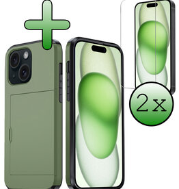BASEY. BASEY. iPhone 15 Hoesje Pashouder Hard Met 2x Screenprotector - Donker Groen