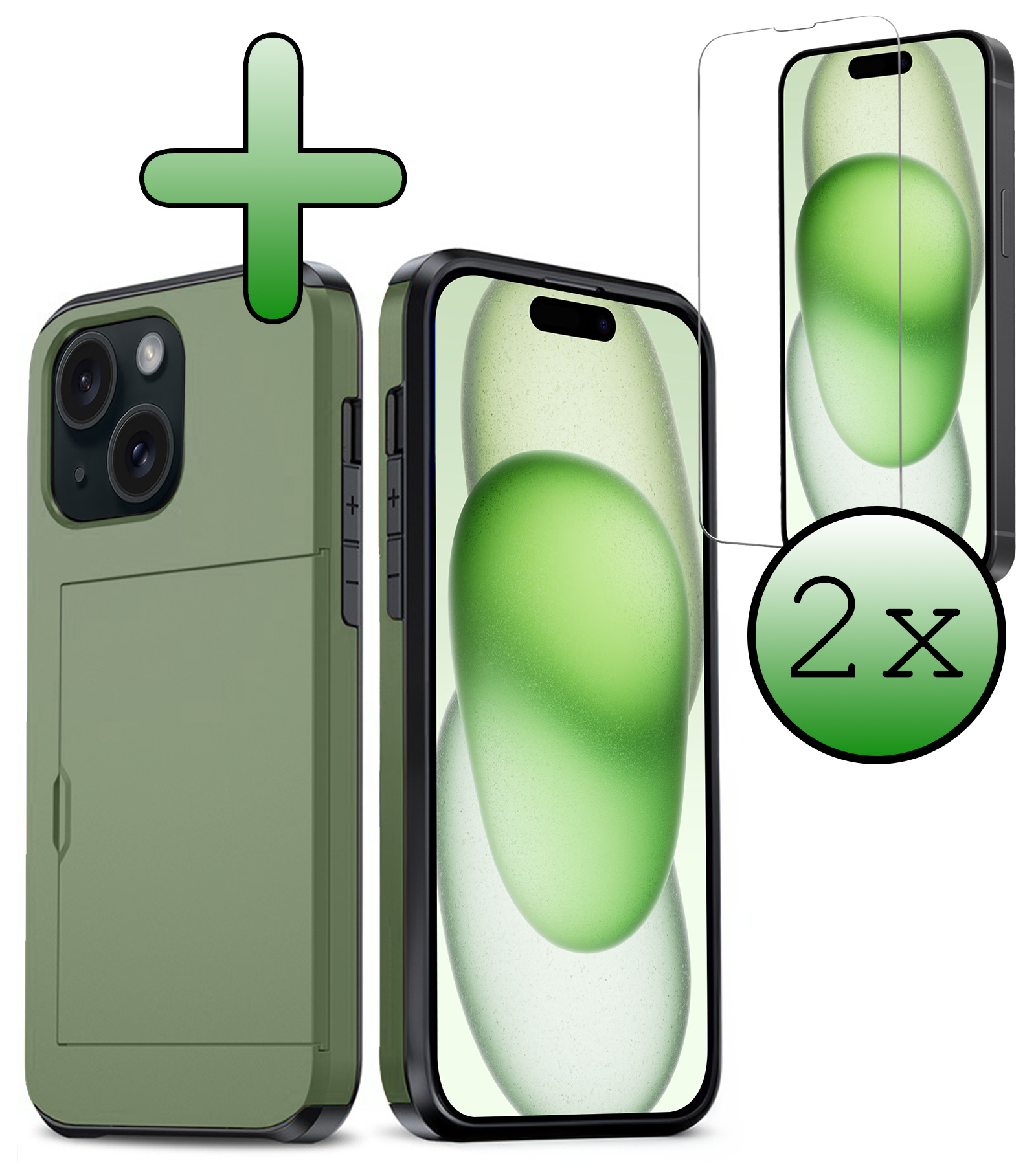 BASEY. Hoes Geschikt voor iPhone 15 Hoesje Hard Case Met Pas Houder Met 2x Screenprotector - Hoesje Geschikt voor iPhone 15 Hoes Shockproof Hard Cover Met Kaarthouder - Donker Groen