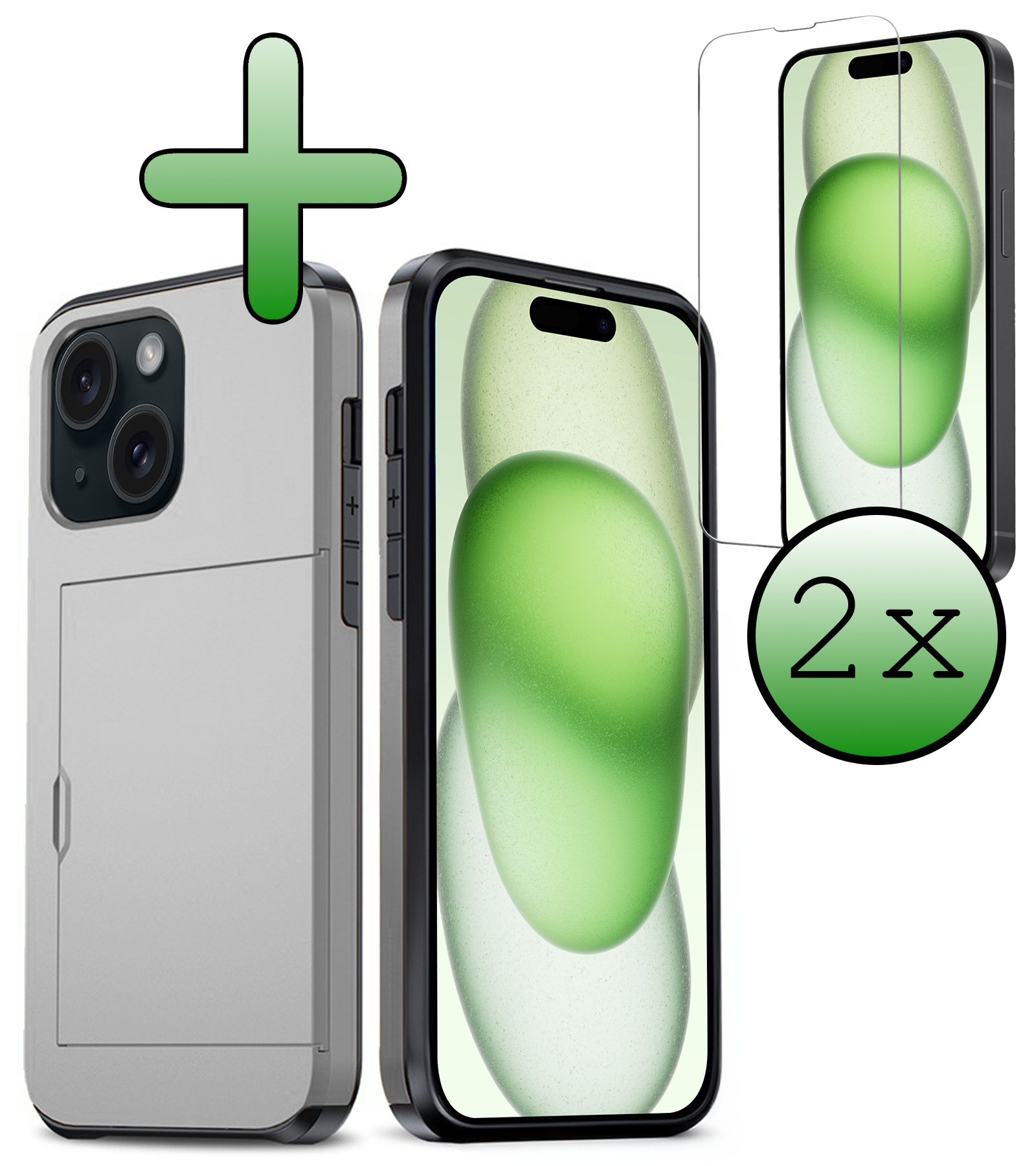 BASEY. Hoes Geschikt voor iPhone 15 Hoesje Hard Case Met Pas Houder Met 2x Screenprotector - Hoesje Geschikt voor iPhone 15 Hoes Shockproof Hard Cover Met Kaarthouder - Grijs