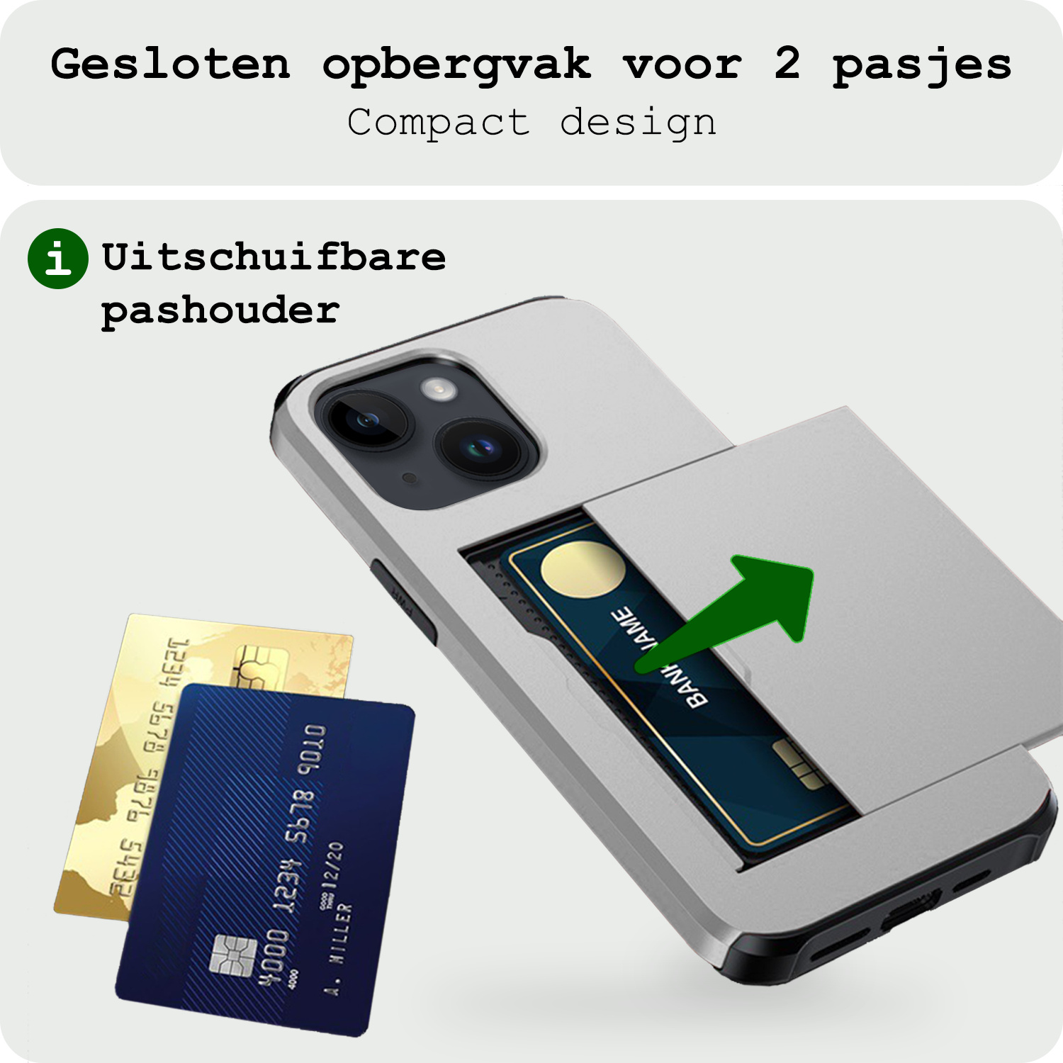 BASEY. Hoes Geschikt voor iPhone 15 Hoesje Hard Case Met Pas Houder Met 2x Screenprotector - Hoesje Geschikt voor iPhone 15 Hoes Shockproof Hard Cover Met Kaarthouder - Grijs