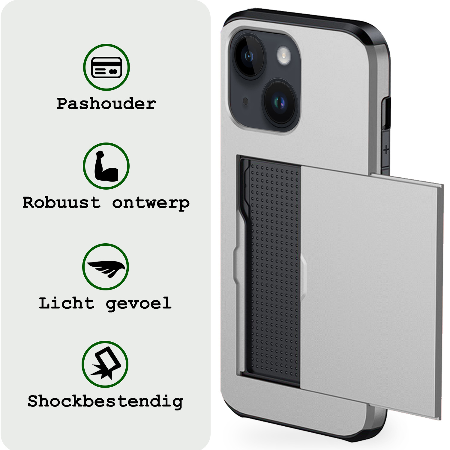 BASEY. Hoes Geschikt voor iPhone 15 Hoesje Hard Case Met Pas Houder Met 2x Screenprotector - Hoesje Geschikt voor iPhone 15 Hoes Shockproof Hard Cover Met Kaarthouder - Grijs