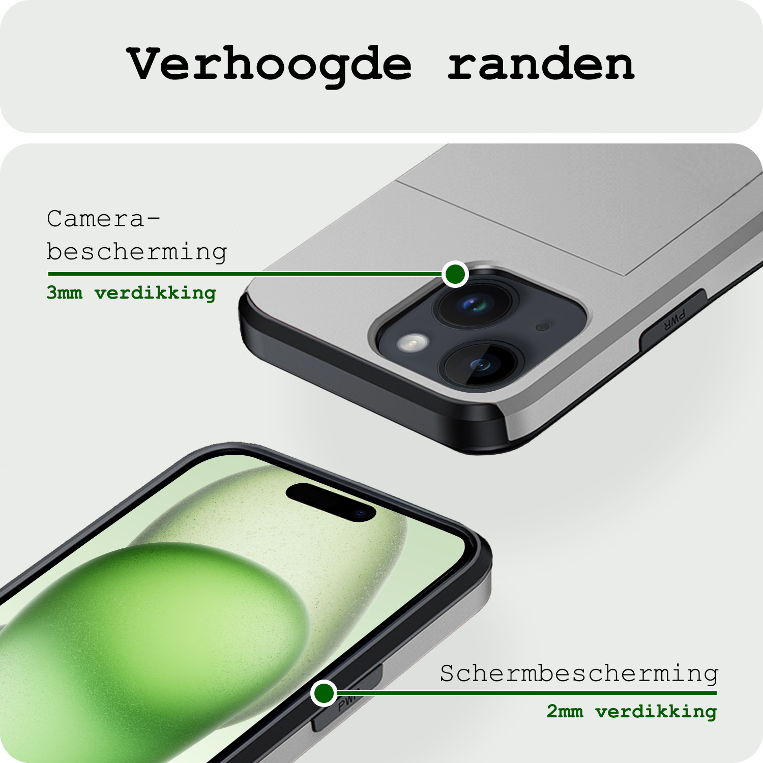 BASEY. Hoes Geschikt voor iPhone 15 Hoesje Hard Case Met Pas Houder Met 2x Screenprotector - Hoesje Geschikt voor iPhone 15 Hoes Shockproof Hard Cover Met Kaarthouder - Grijs