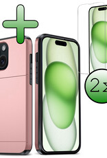 BASEY. Hoes Geschikt voor iPhone 15 Hoesje Hard Case Met Pas Houder Met 2x Screenprotector - Hoesje Geschikt voor iPhone 15 Hoes Shockproof Hard Cover Met Kaarthouder - Rosé Goud