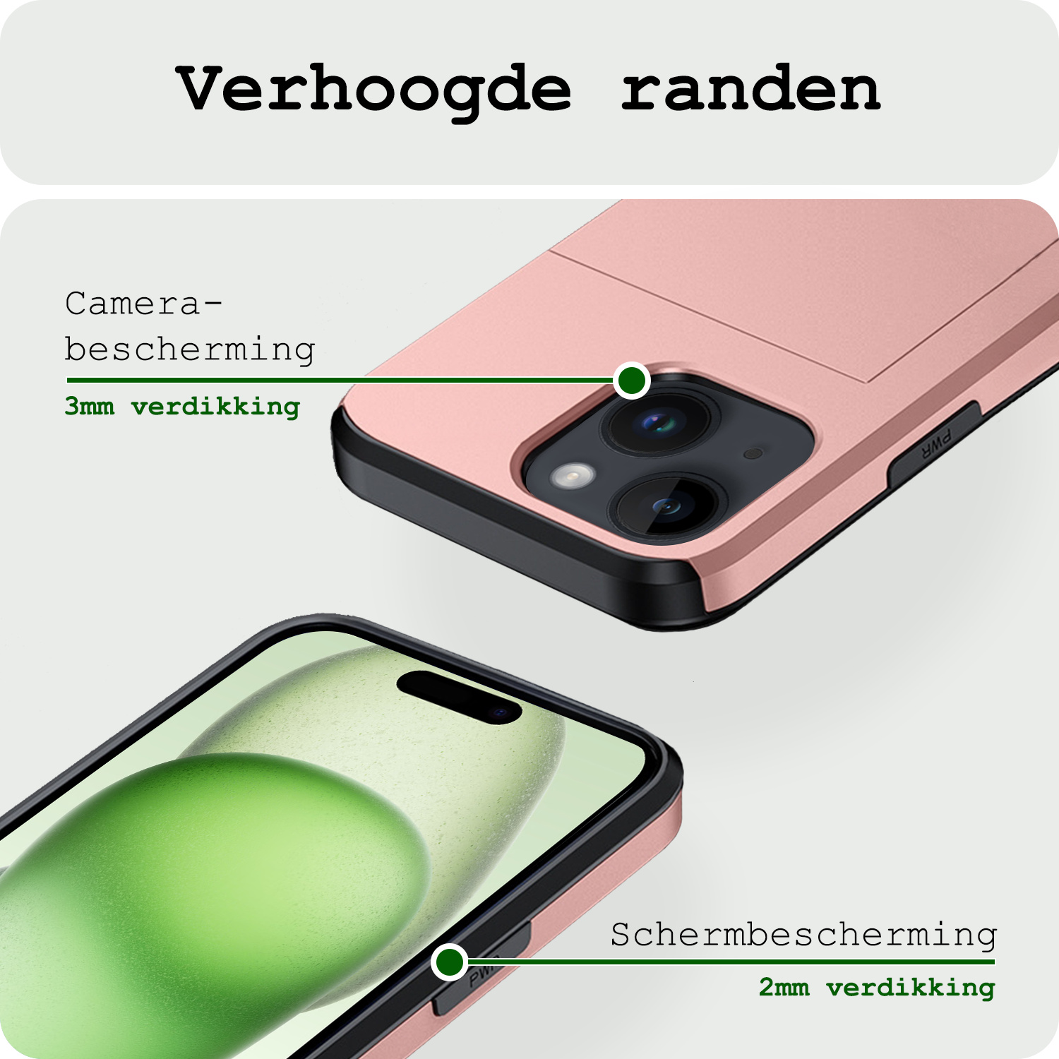 BASEY. Hoes Geschikt voor iPhone 15 Hoesje Hard Case Met Pas Houder Met 2x Screenprotector - Hoesje Geschikt voor iPhone 15 Hoes Shockproof Hard Cover Met Kaarthouder - Rosé Goud