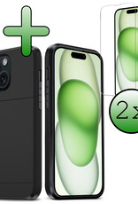 BASEY. Hoes Geschikt voor iPhone 15 Hoesje Hard Case Met Pas Houder Met 2x Screenprotector - Hoesje Geschikt voor iPhone 15 Hoes Shockproof Hard Cover Met Kaarthouder - Zwart