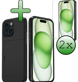 BASEY. BASEY. iPhone 15 Hoesje Pashouder Hard Met 2x Screenprotector - Zwart