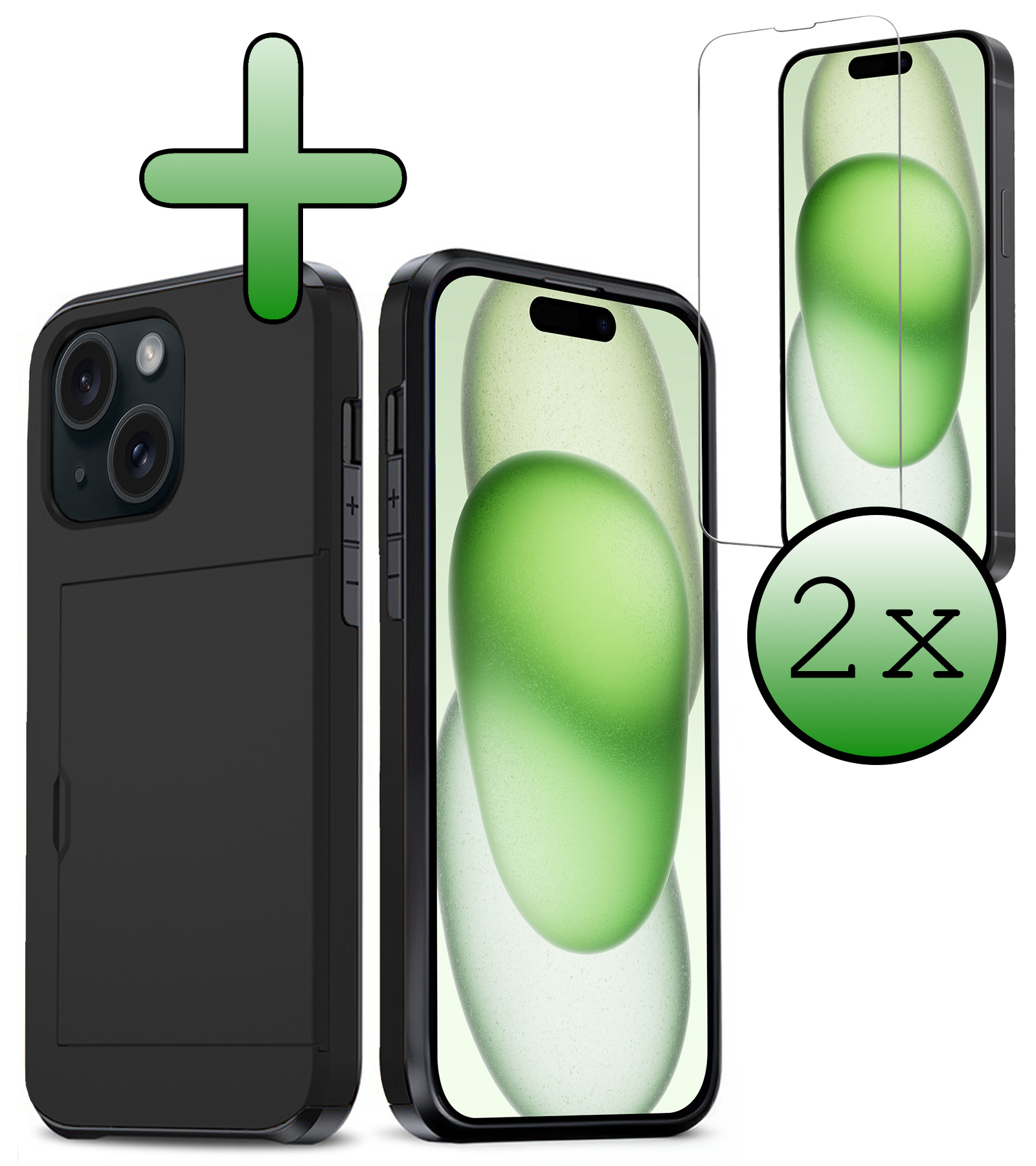 BASEY. Hoes Geschikt voor iPhone 15 Hoesje Hard Case Met Pas Houder Met 2x Screenprotector - Hoesje Geschikt voor iPhone 15 Hoes Shockproof Hard Cover Met Kaarthouder - Zwart