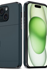 BASEY. Hoes Geschikt voor iPhone 15 Plus Hoesje Hard Case Met Pas Houder - Hoesje Geschikt voor iPhone 15 Plus Hoes Shockproof Hard Cover Met Kaarthouder - Donker Blauw