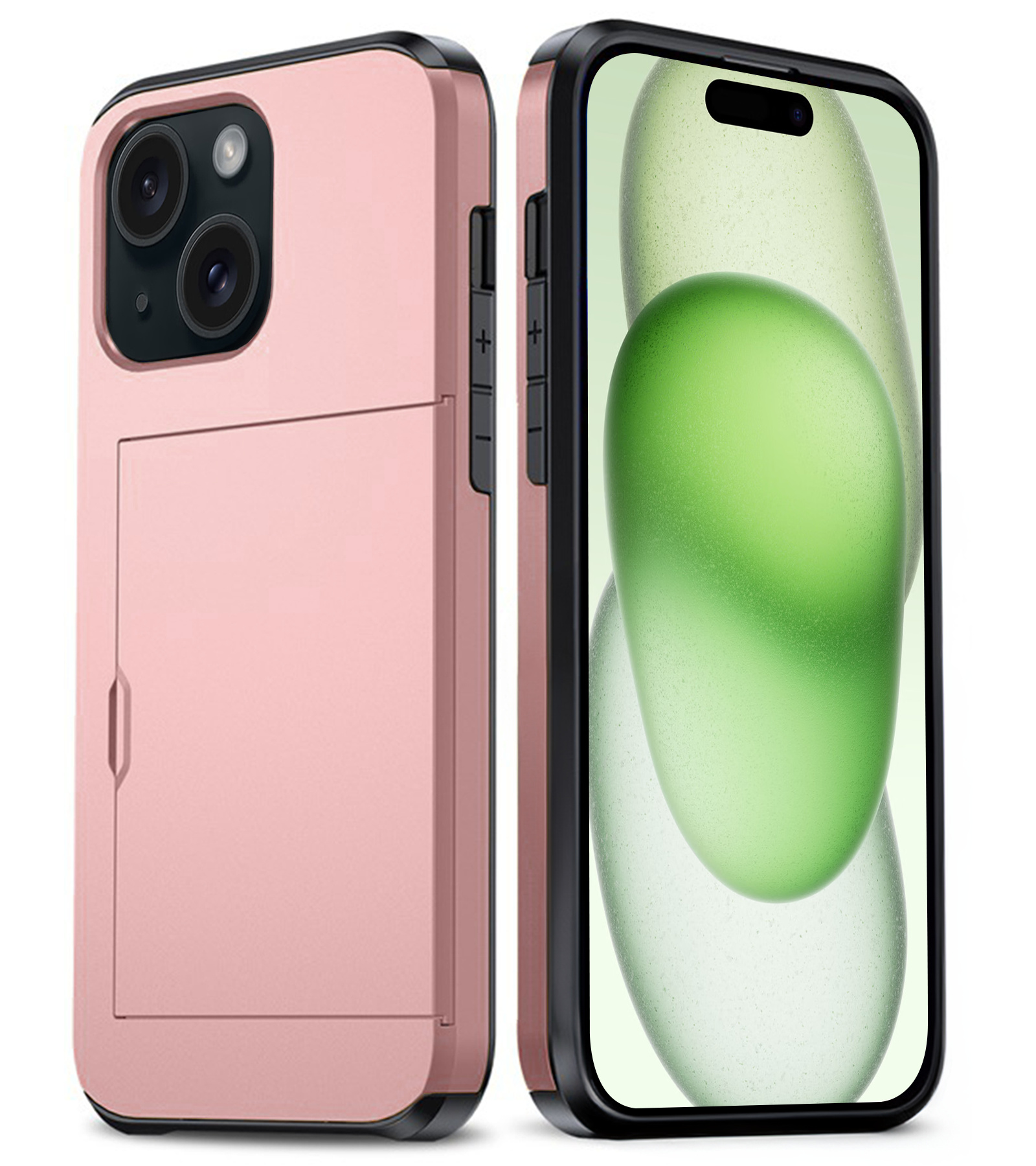 BASEY. Hoes Geschikt voor iPhone 15 Plus Hoesje Hard Case Met Pas Houder - Hoesje Geschikt voor iPhone 15 Plus Hoes Shockproof Hard Cover Met Kaarthouder - Rosé Goud
