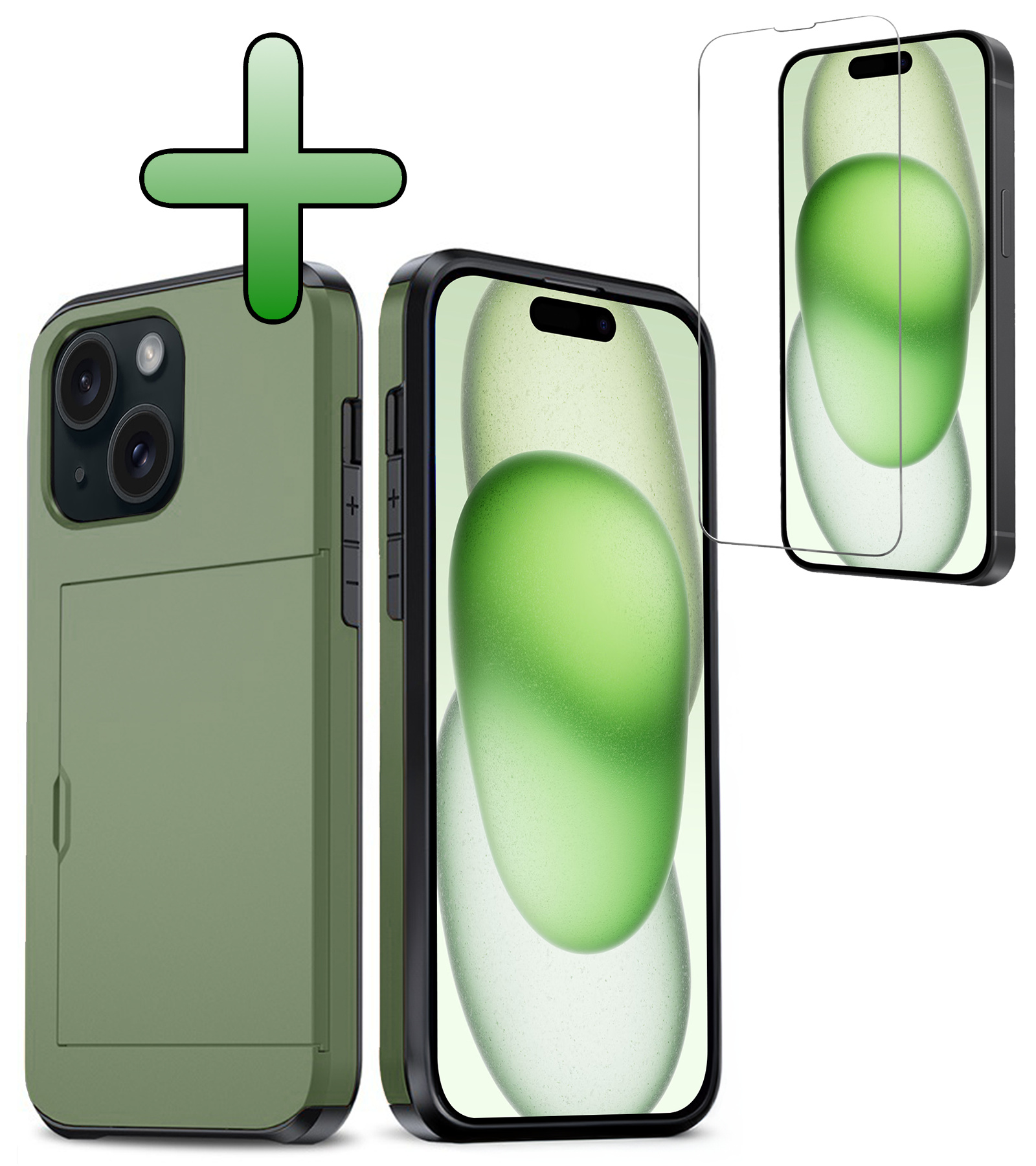 BASEY. Hoes Geschikt voor iPhone 15 Plus Hoesje Hard Case Met Pas Houder Met Screenprotector - Hoesje Geschikt voor iPhone 15 Plus Hoes Shockproof Hard Cover Met Kaarthouder - Donker Groen