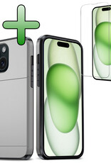 BASEY. Hoes Geschikt voor iPhone 15 Plus Hoesje Hard Case Met Pas Houder Met Screenprotector - Hoesje Geschikt voor iPhone 15 Plus Hoes Shockproof Hard Cover Met Kaarthouder - Grijs