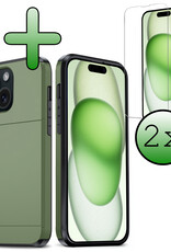 BASEY. Hoes Geschikt voor iPhone 15 Plus Hoesje Hard Case Met Pas Houder Met 2x Screenprotector - Hoesje Geschikt voor iPhone 15 Plus Hoes Shockproof Hard Cover Met Kaarthouder - Donker Groen