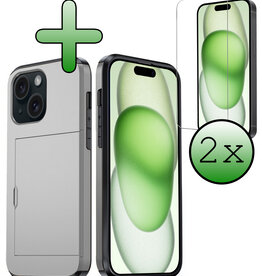 BASEY. BASEY. iPhone 15 Plus Hoesje Pashouder Hard Met 2x Screenprotector - Grijs
