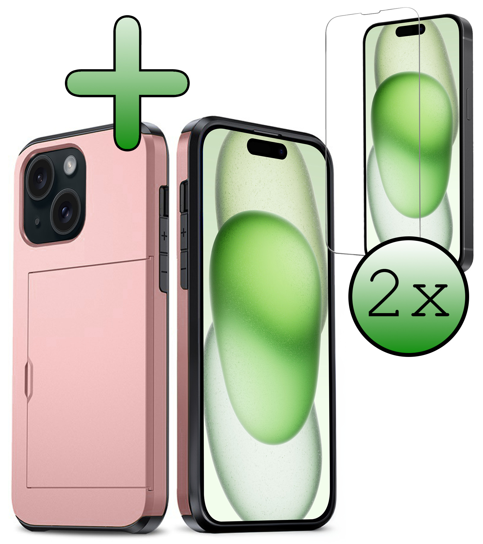 BASEY. Hoes Geschikt voor iPhone 15 Plus Hoesje Hard Case Met Pas Houder Met 2x Screenprotector - Hoesje Geschikt voor iPhone 15 Plus Hoes Shockproof Hard Cover Met Kaarthouder - Rosé Goud