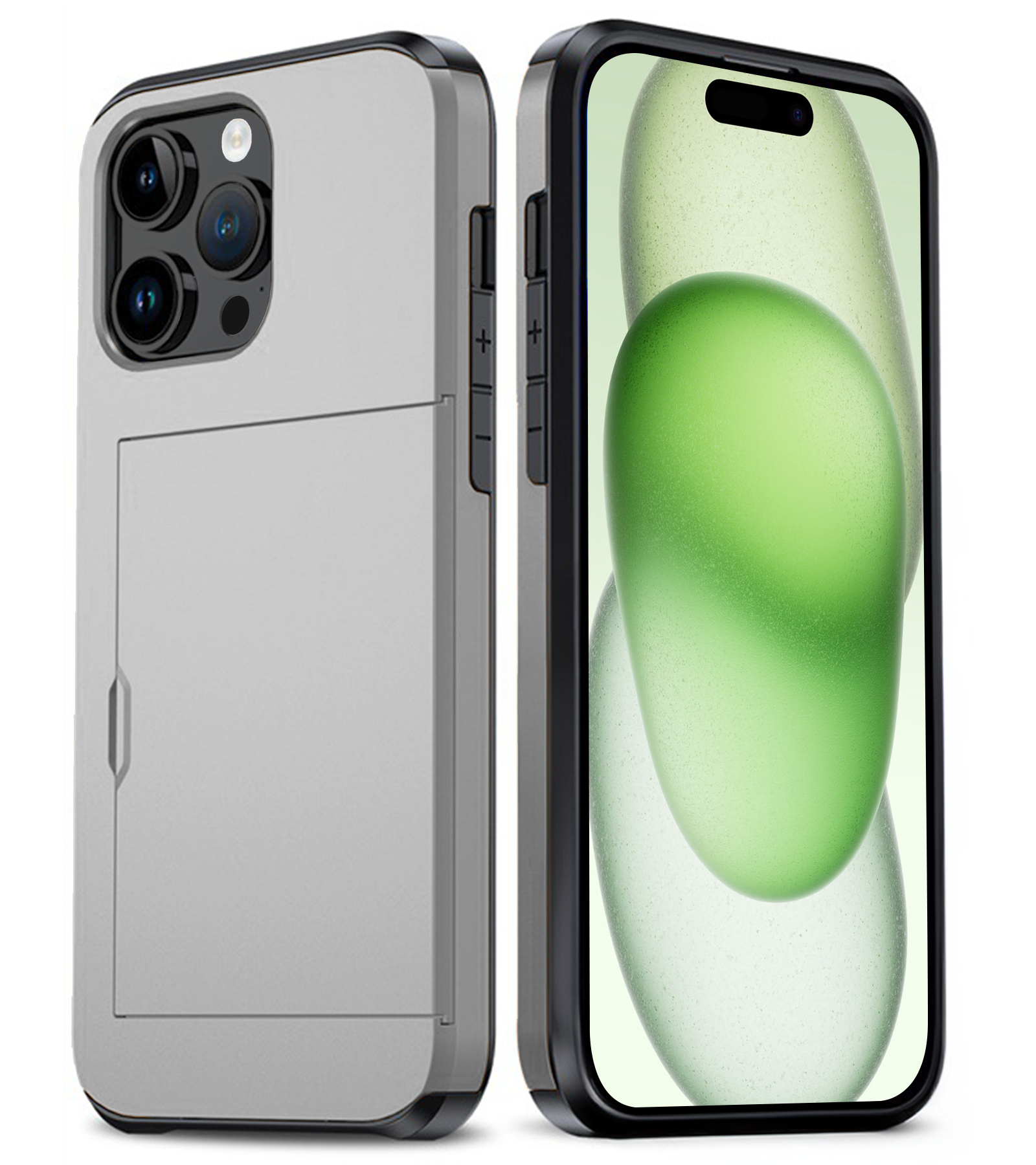 BASEY. Hoes Geschikt voor iPhone 15 Pro Hoesje Hard Case Met Pas Houder - Hoesje Geschikt voor iPhone 15 Pro Hoes Shockproof Hard Cover Met Kaarthouder - Grijs