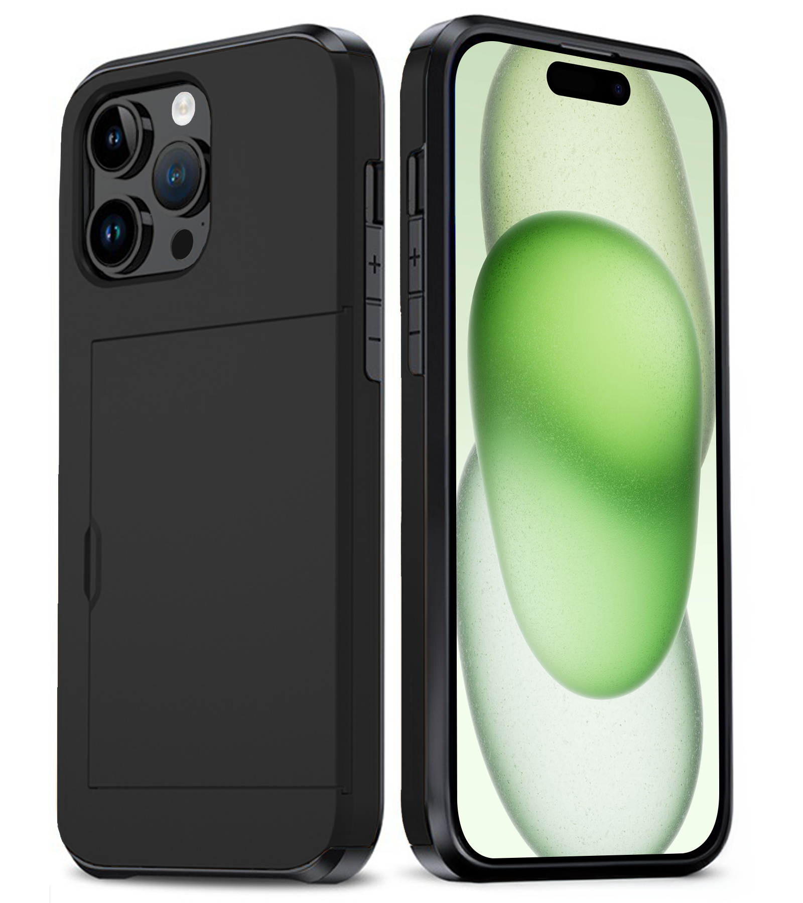 BASEY. Hoes Geschikt voor iPhone 15 Pro Hoesje Hard Case Met Pas Houder - Hoesje Geschikt voor iPhone 15 Pro Hoes Shockproof Hard Cover Met Kaarthouder - Zwart