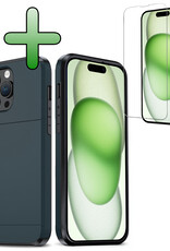 BASEY. Hoes Geschikt voor iPhone 15 Pro Hoesje Hard Case Met Pas Houder Met Screenprotector - Hoesje Geschikt voor iPhone 15 Pro Hoes Shockproof Hard Cover Met Kaarthouder - Donker Blauw